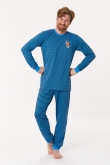 Jongens-Heren Pyjama, blauw-donkerblauw fijn gestreept