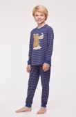 Unisex Pyjama, donkerblauw-bruin streep